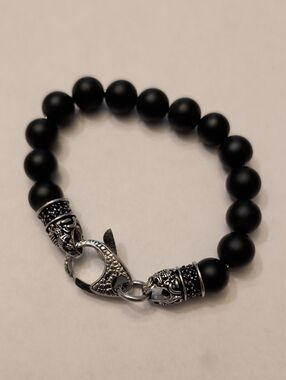 Genuine Onyx Stainless Steel Beaded Bracelet With Black Cubic Zirconia